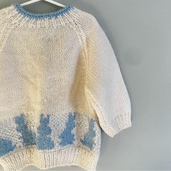 Handmade Knit Blue Bunny Rabbit Zip Up White Sweater Jacket Coat Child 4T 5T - Picture 2 of 13